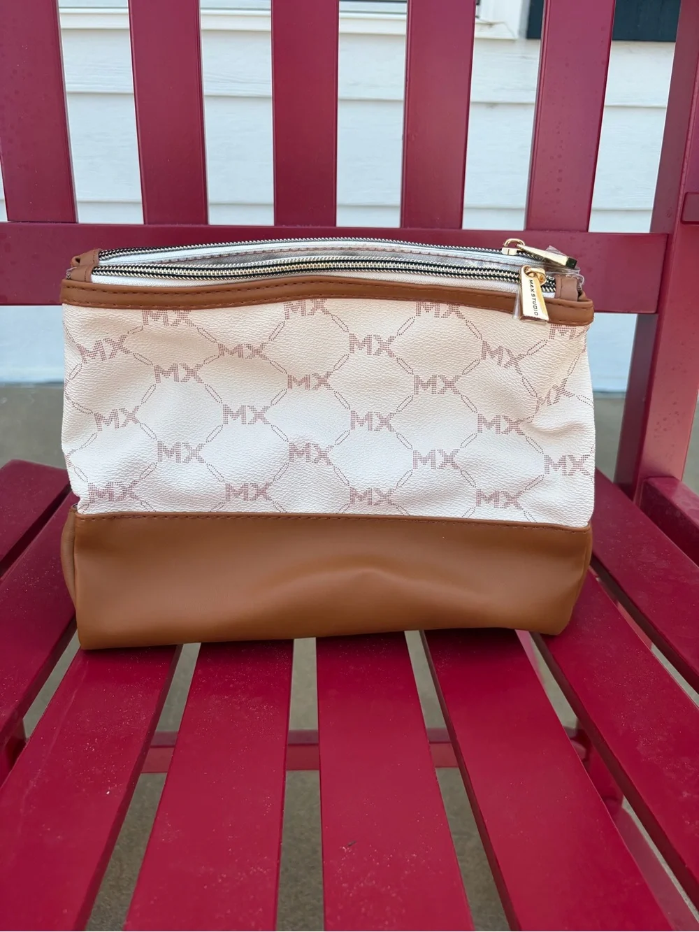 Max Studio White and Brown Logo Print Cosmetic Pouch